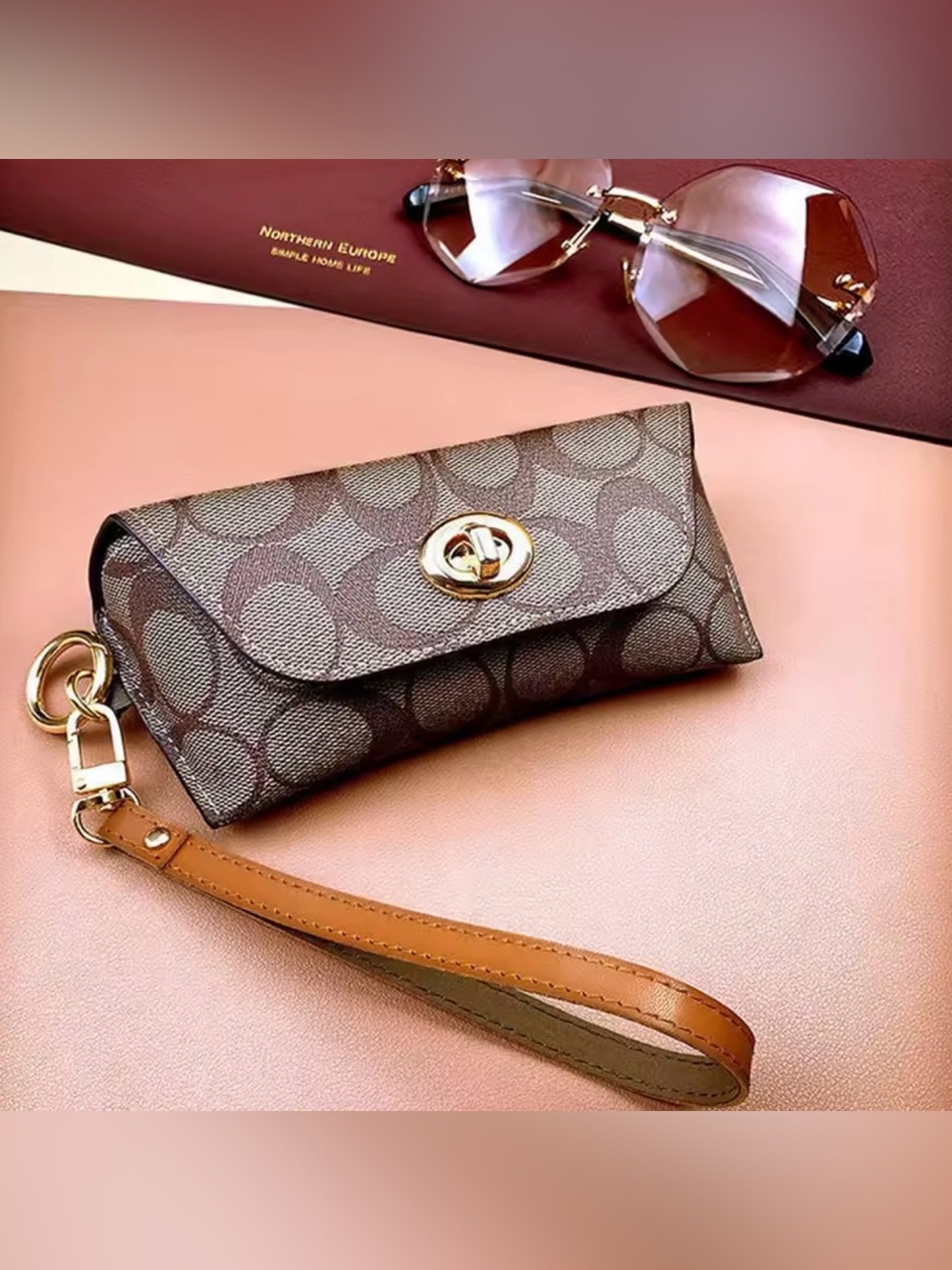 Macy's Brown Signature-Pattern Wristlet with Gold Turn-Lock
